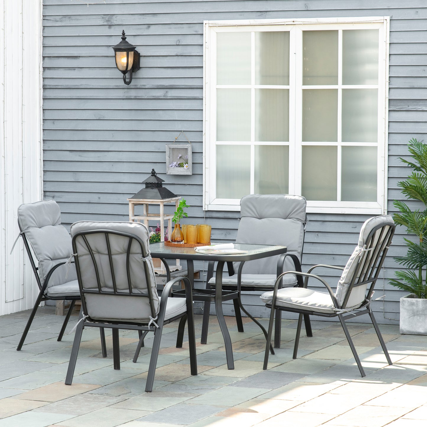 Monaco 5 Piece Outdoor Square Garden Dining Set w/ Tempered Glass Dining Table 4 Cushioned Armchairs