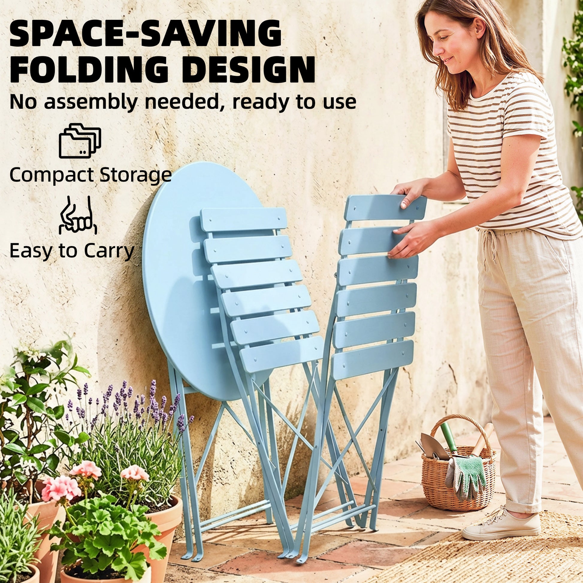 Outsunny Folding Garden Bistro Set, Outdoor Round Bistro Table and Chairs Set 2 with Electrophoresis Metal Frame, Light Blue