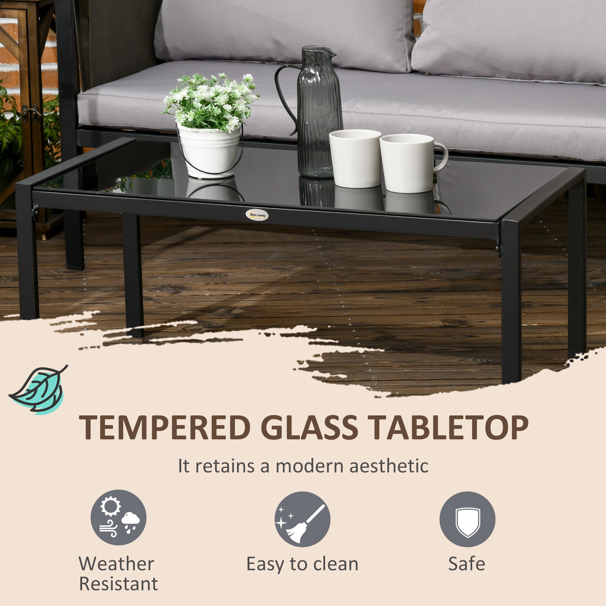 Outsunny 4 Piece Metal Garden Furniture Set with Tempered Glass Coffee Table, Texteline Pocket, Light Grey