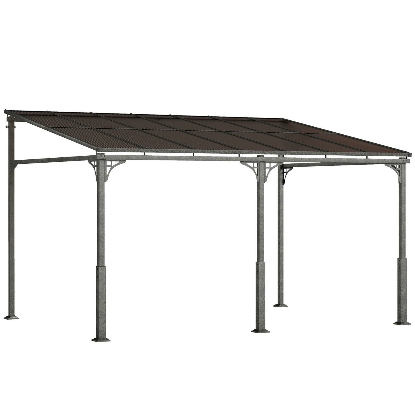 Outsunny 4 x 3 m Metal Lean-to Pergola, Wall-Mounted Garden Pergola with Polycarbonate Roof and Metal-Aluminium Frame, Heavy Duty Hardtop Gazebo for Outdoor Patios, BBQ, Brown