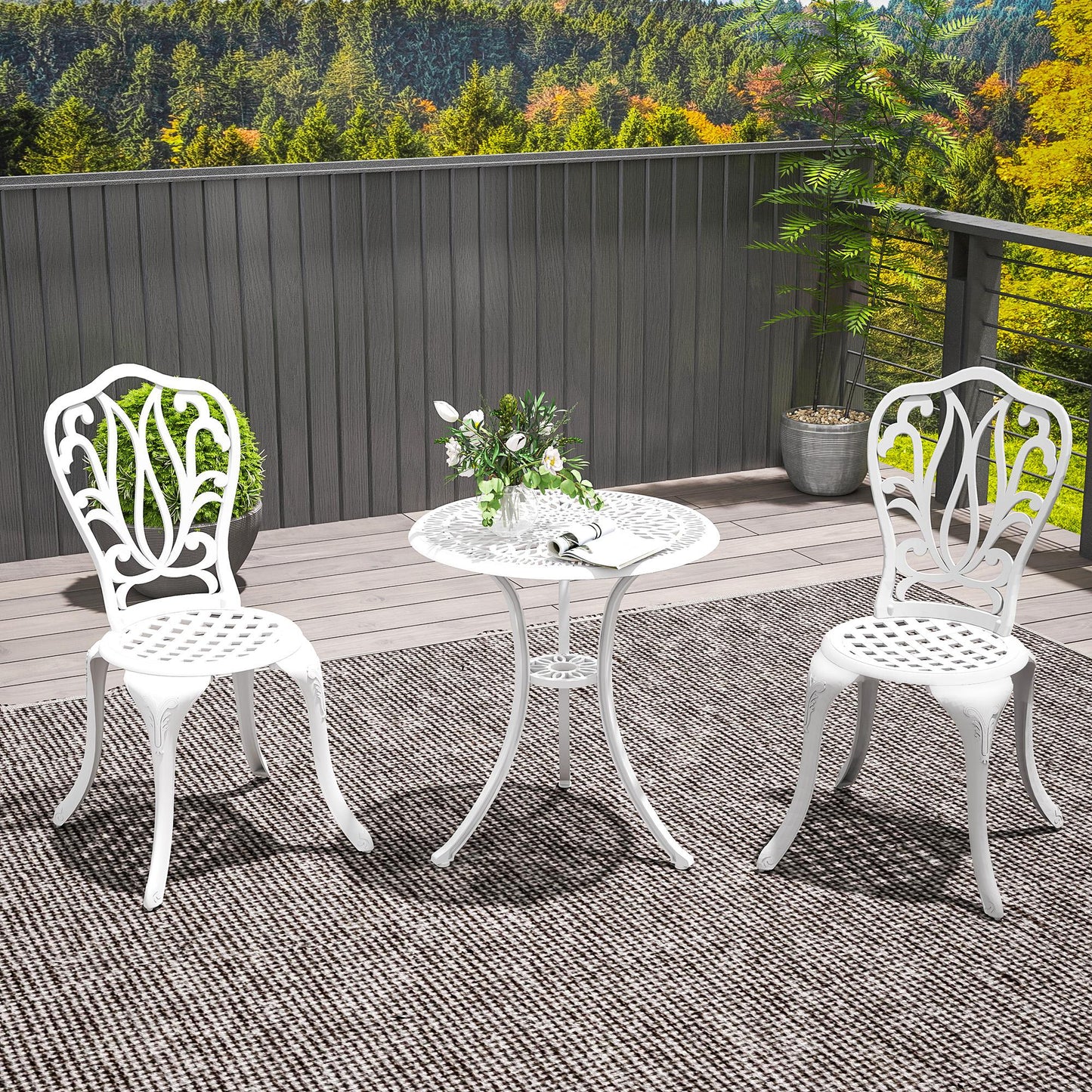 Riviera 3 Piece Garden Bistro Set, Cast Aluminium Outdoor Furniture Set with Umbrella Hole, Patio, White