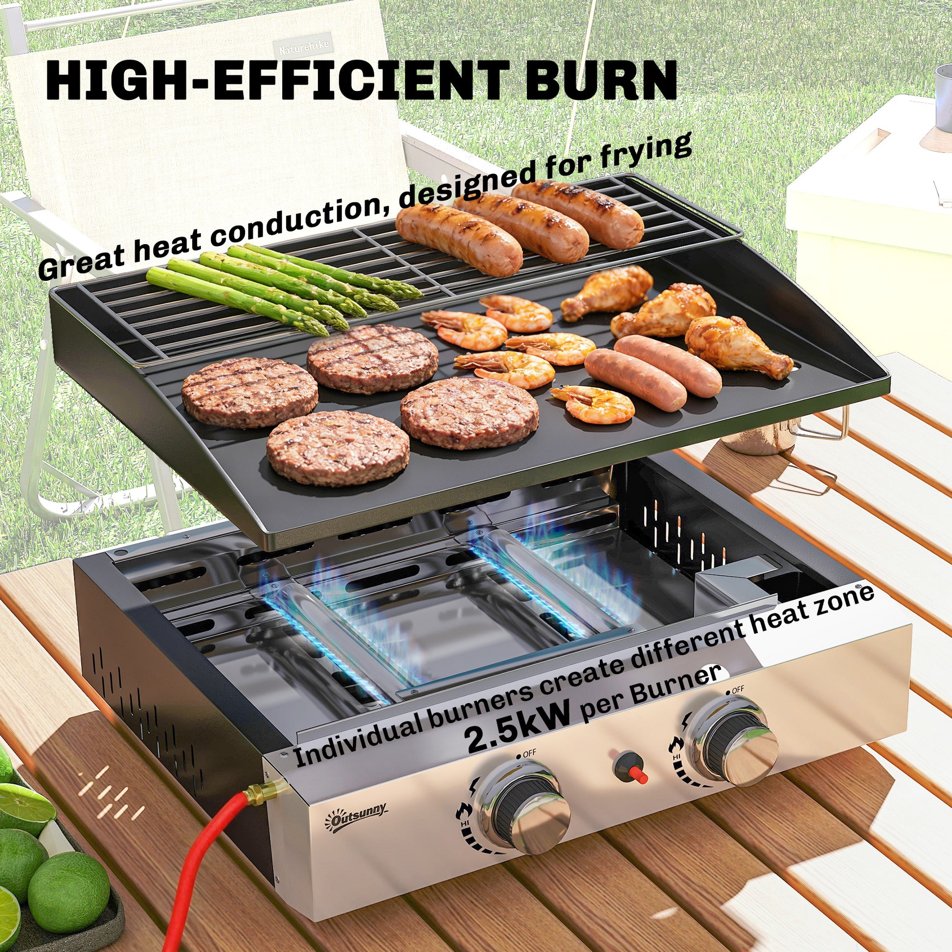 Outsunny 2 Burner Grill Griddle, Portable Gas Plancha with Warming Rack, 5 kW, Tabletop Gas BBQ with Grease Cup, Black