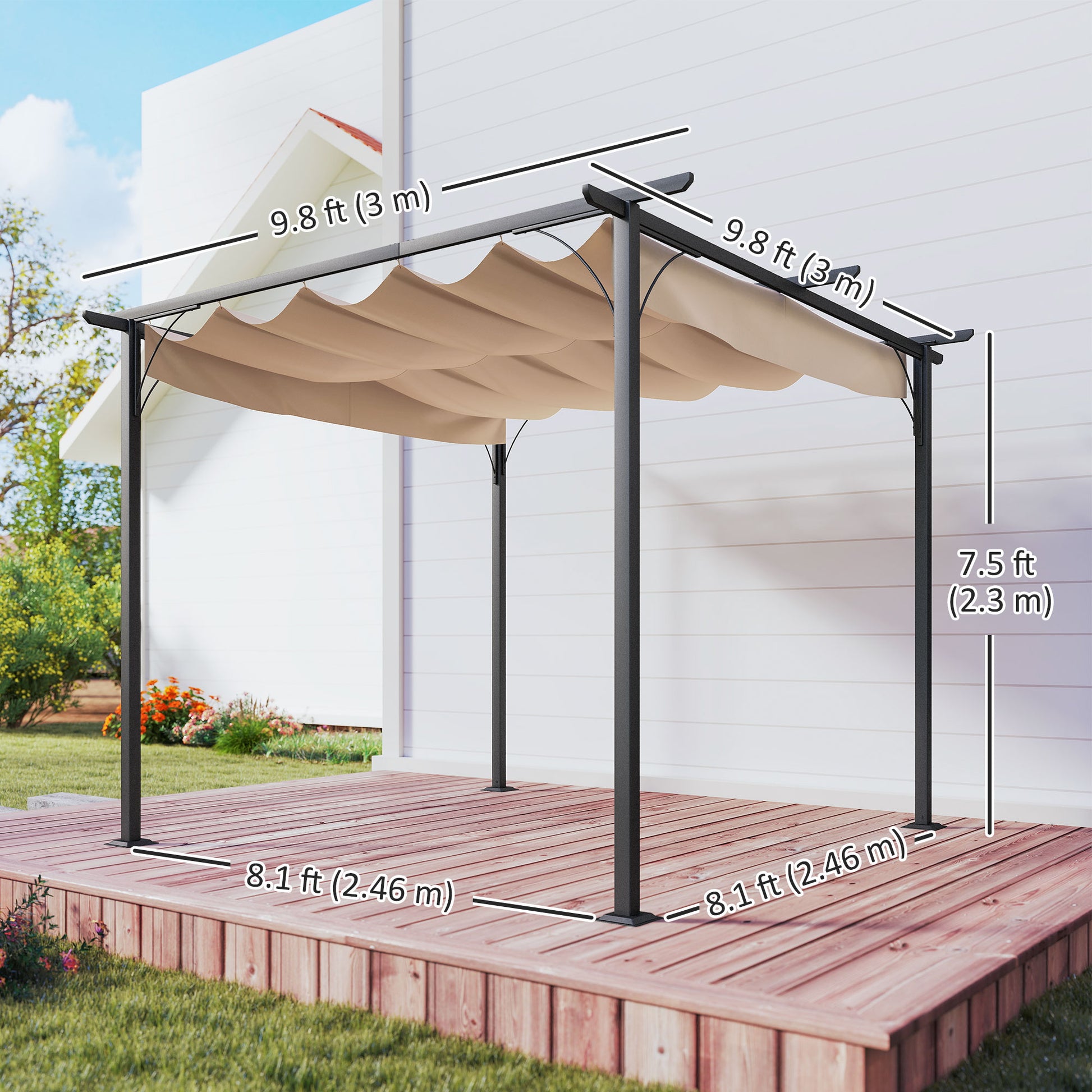 Outsunny 3 x 3(m) Metal Pergola with Retractable Roof, Garden Gazebo Metal Pergola Canopy for Party BBQ, Beige