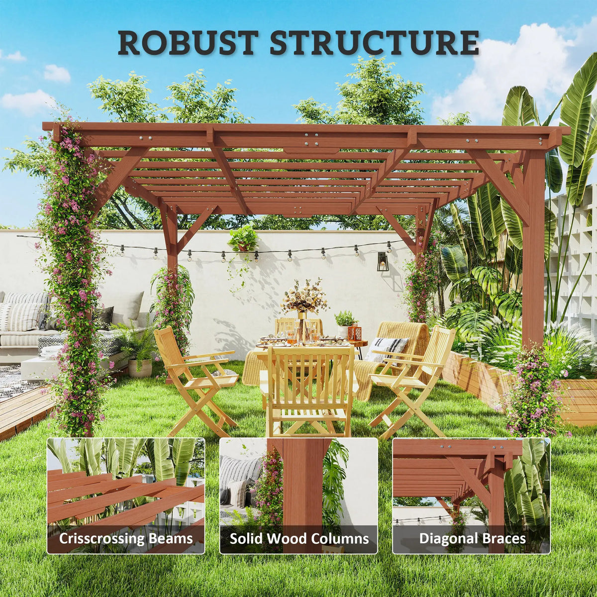 3.3m x 3.3m Wooden Pergola Kit – Garden Pergola with Grape Trellis Roof for Climbing Vines and Flowers