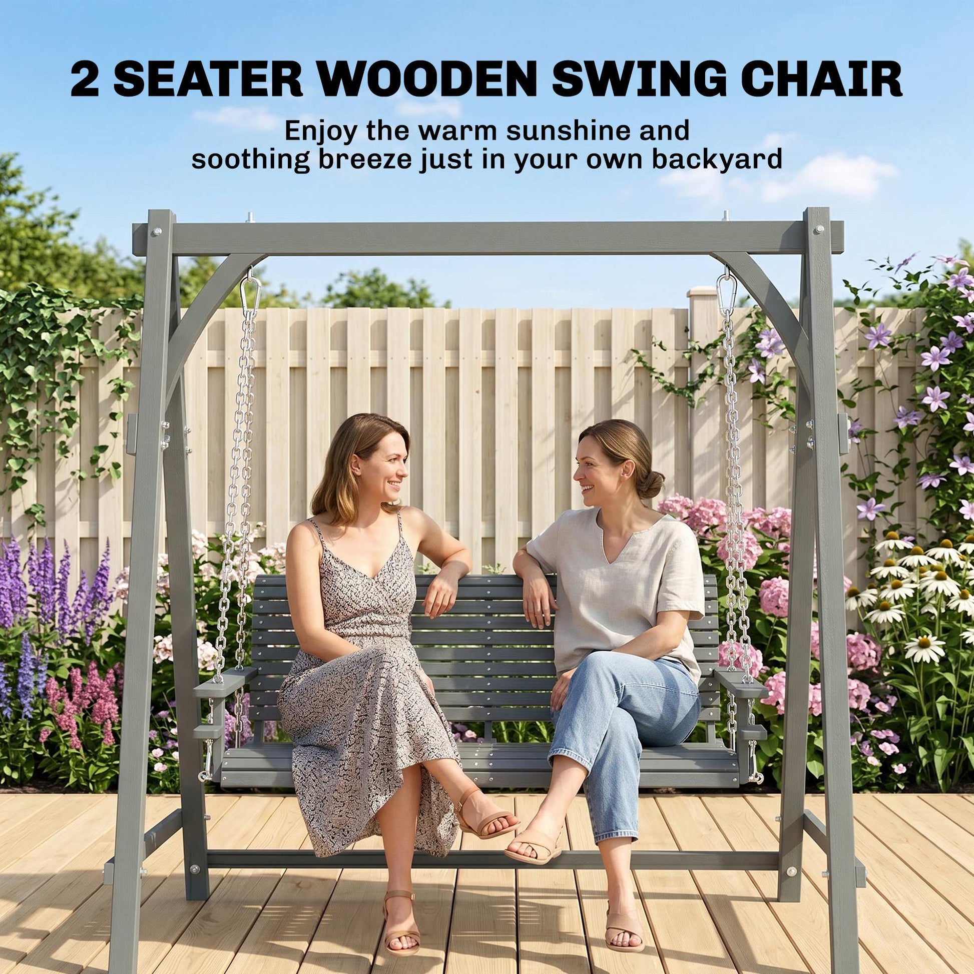 Outsunny 2 Seater Garden Swing Seat, Wooden Swing Chair Bench with Cup Holders for Outdoor Porch Patio, Grey