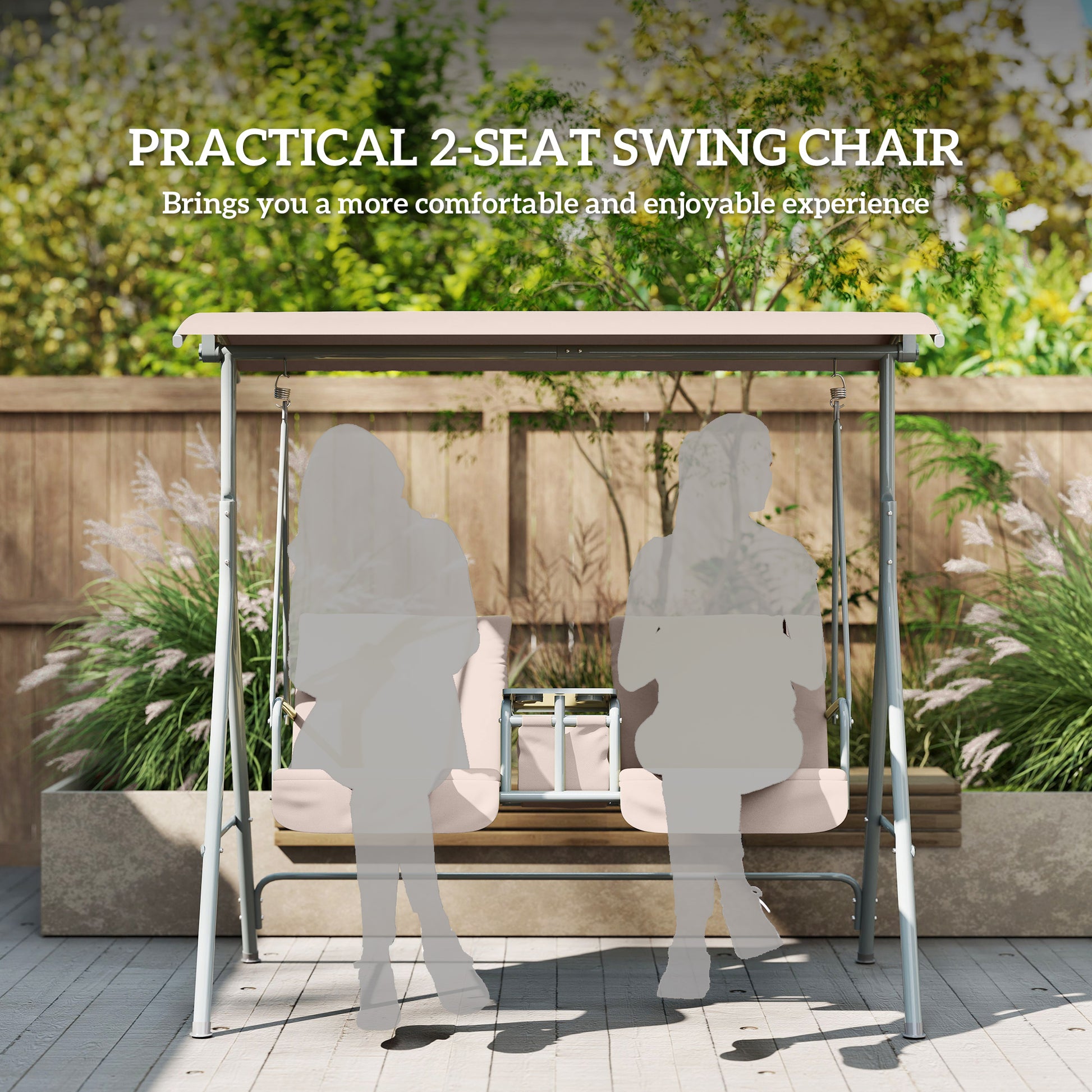 Outsunny 2 Seater Garden Swing Chair Patio Rocking Bench w/ Tilting Canopy, Double Padded Seats, Storage Bag and Tray, Beige