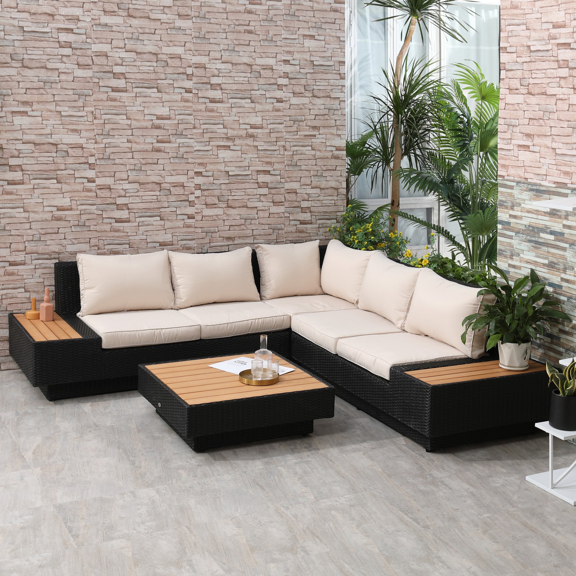 Santorini 5-Seater Rattan Garden Furniture Outdoor Sectional Corner Sofa with Armrest and Cushions, Black