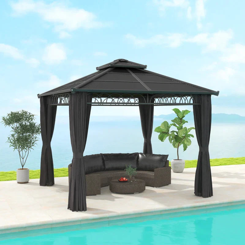 3m x 3m Dark Grey Hardtop Garden Gazebo with Polycarbonate Double Roof, Steel Frame, Privacy Curtains & Insect Netting Outdoor Pavilion