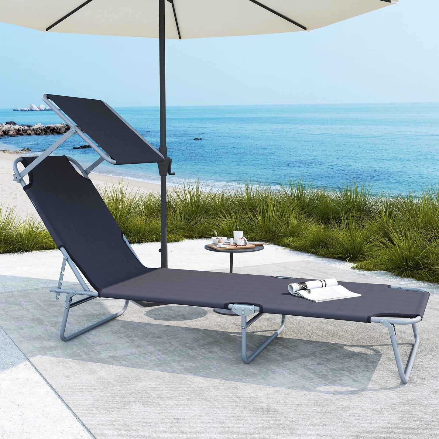 Outdoor Foldable Sun Lounger, 4 Level Adjustable Backrest Reclining Sun Lounger Chair with Angle Adjust Sun Shade Awning for Beach, Garden,