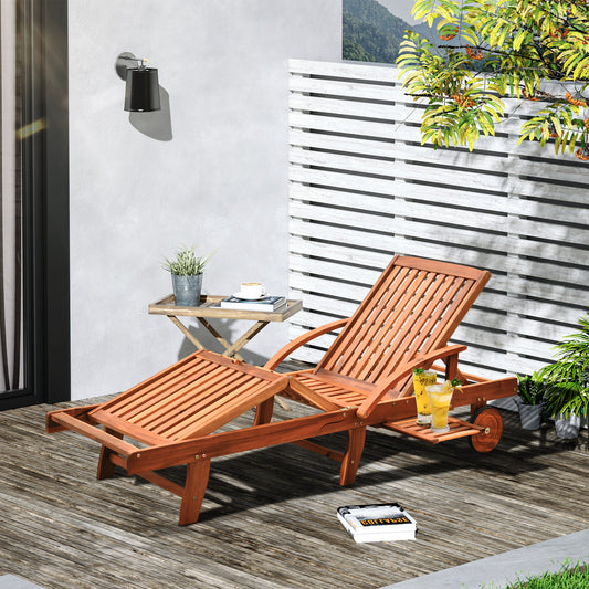 Folding Wooden Sun Lounger, 4-Level Adjustable Garden Lounger Recliner with Side Tray and Wheels, Outdoor Reclining Sunbed with Slatted Seat and