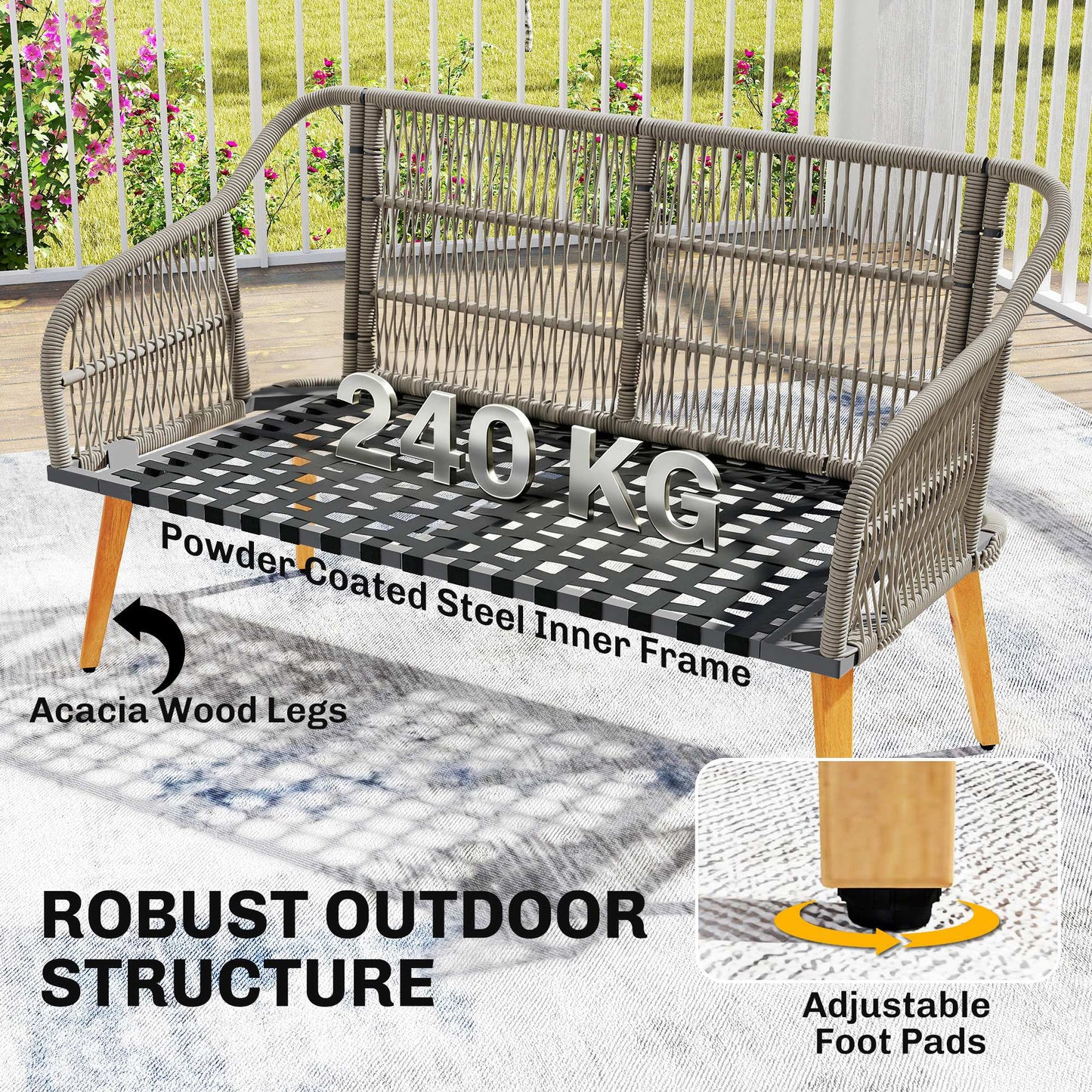Outsunny 4 Piece Rattan Garden Furniture Set with Loveseat, Armchairs, Wood Table, Wicker Patio Conversation Set, Cream White