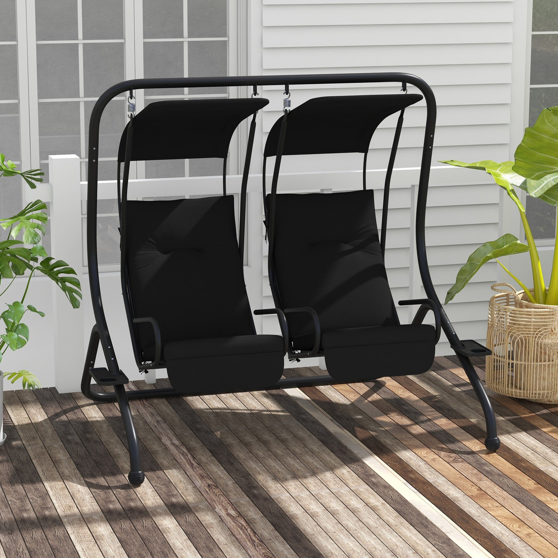 Marbella Two-Seat Garden Swing Chair, with Protective Canopy - Black