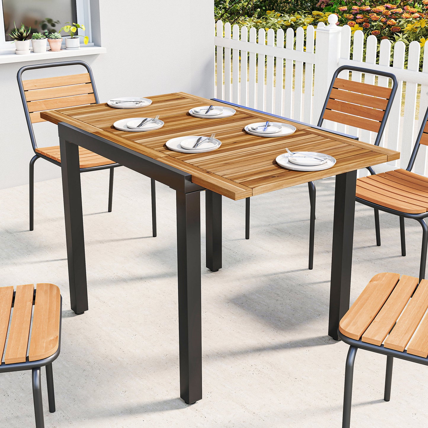 Santorini Patio Dining Table Expandable Garden Dining Table Acacia Wood Top 80-120 cm Natural and Black