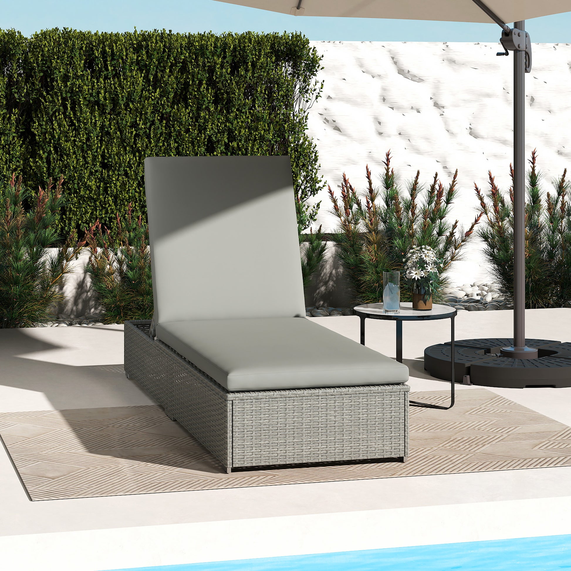 Mediterraneo Rattan Sun Lounger, Five-Position Reclining Garden Lounger Bed with Cushion, Light Grey