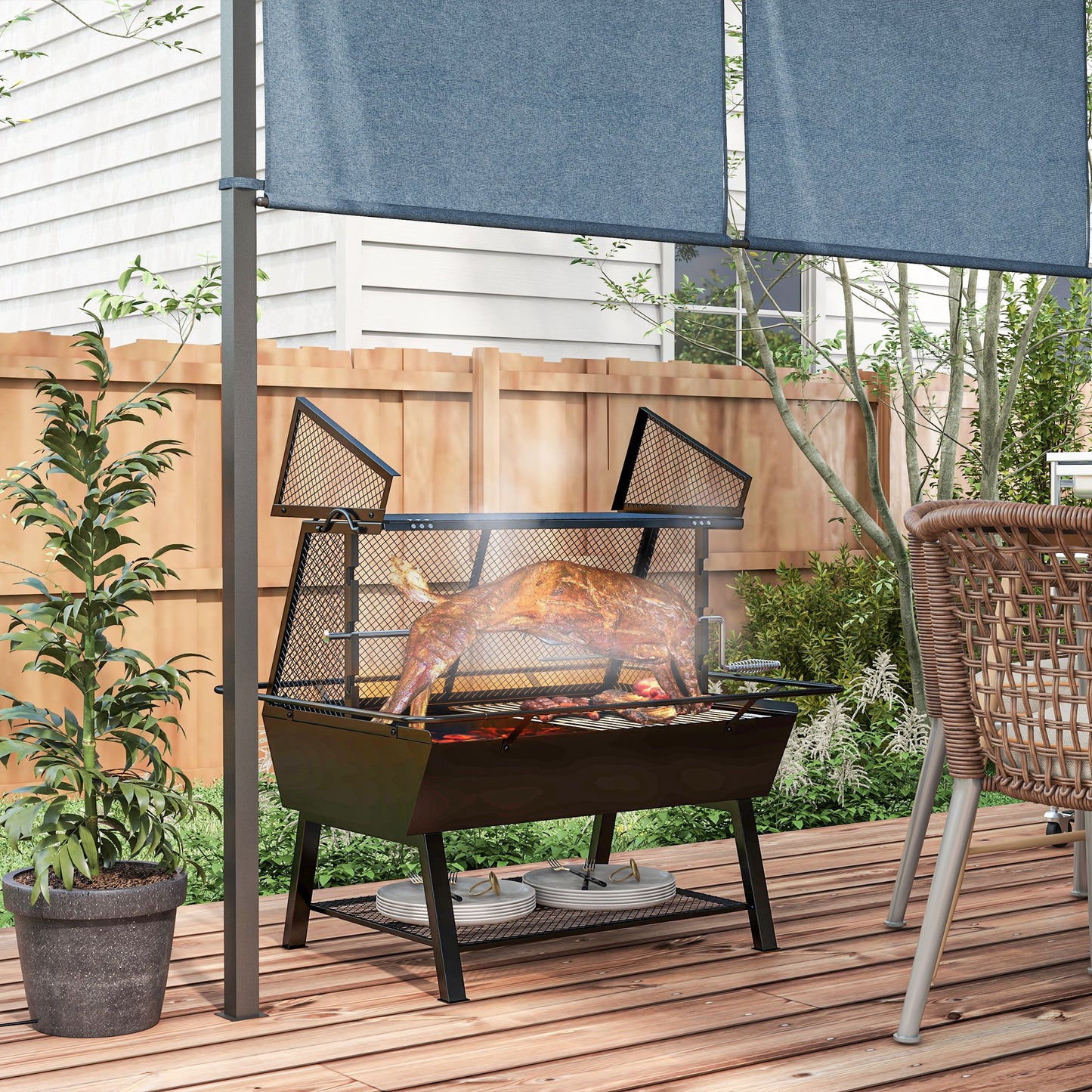 3-in-1 BBQ, Rotisserie Roaster and Fire Pit, with Cover
