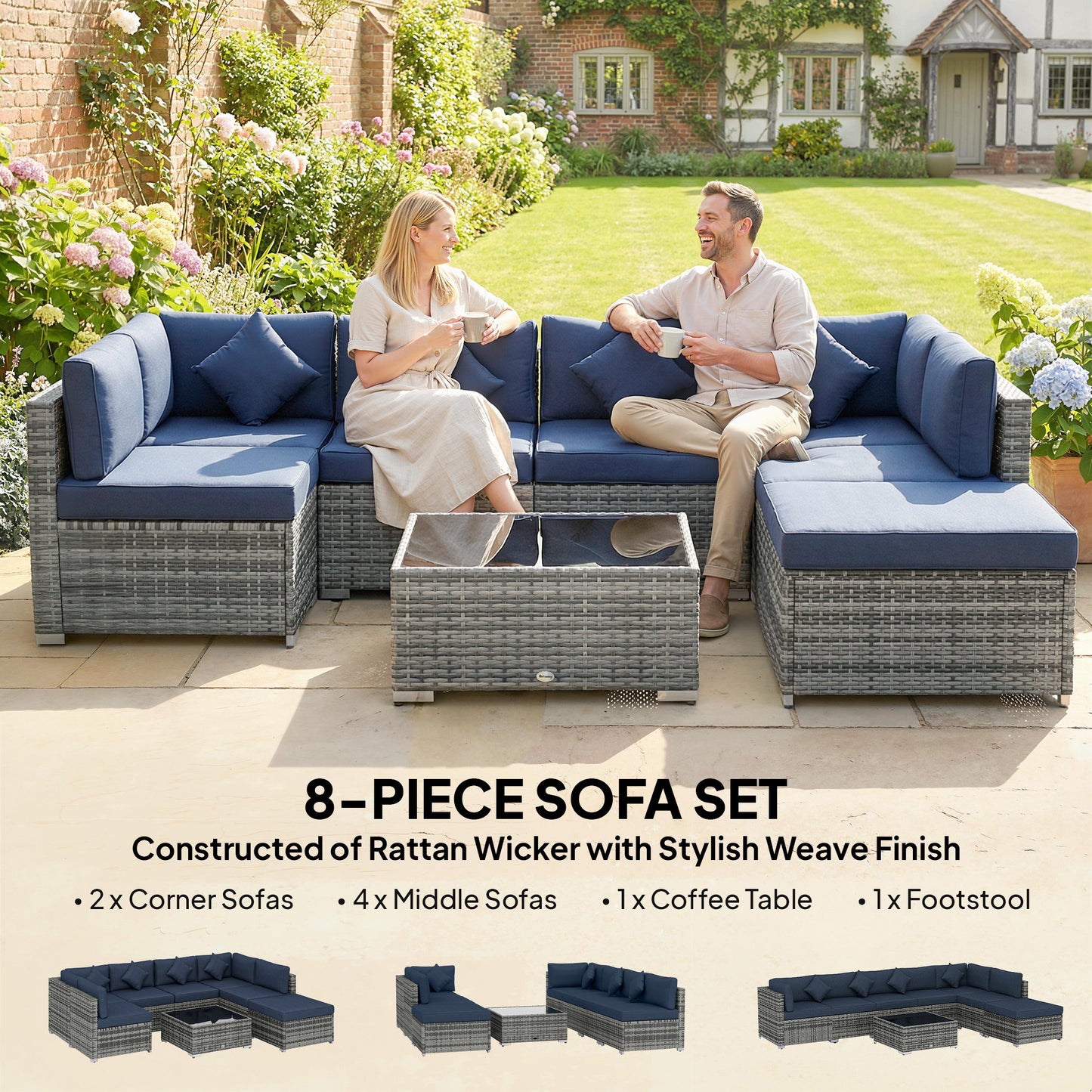 Outsunny 8 Pieces PE Rattan Corner Sofa Set, Outdoor Garden Furniture Set, Patio Wicker Sofa Seater with Cushion, Dark Blue