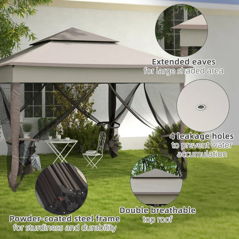 3.25m x 3.25m Brown & Grey Pop – Up Garden Gazebo – Double Tier Roof Metal Frame Pavilion with Mesh Curtains, Carry Bag & Outdoor Event Shelter