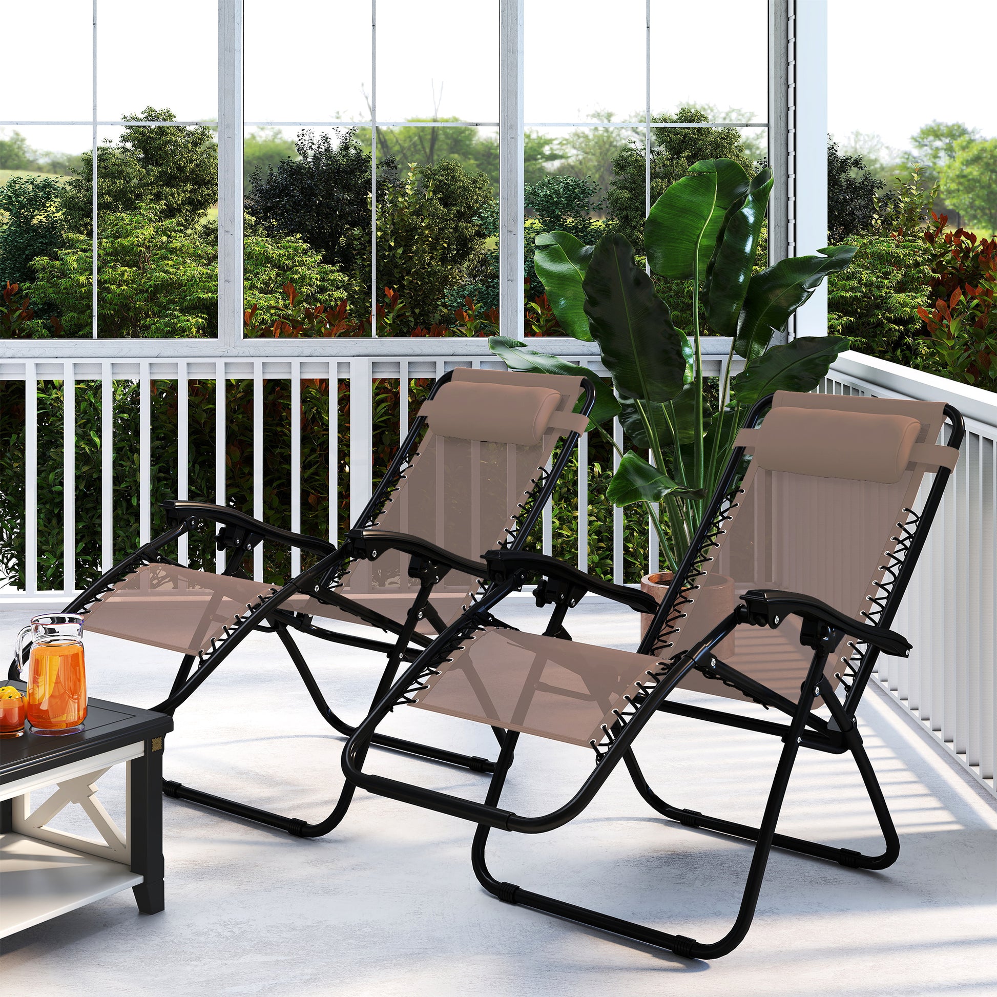 Outsunny Zero Gravity Chair Set of 2, Metal Frame Texteline Armchair Outdoor Folding and Reclining Sun Lounger with Head Pillow for Patio Decking Gardens Camping, Beige