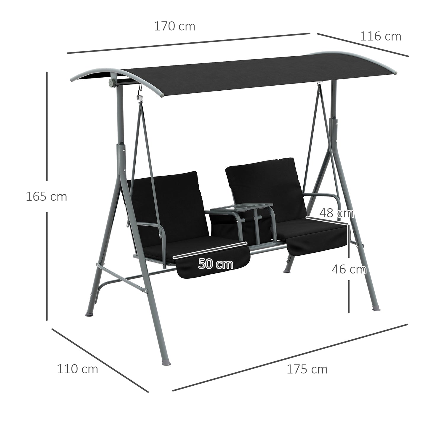 Outsunny 2 Seater Garden Swing Chair, Patio Swing Seat w/ Tilting Canopy, Double Padded Seats, Storage Bag and Tray For Garden Balcony Terrace Patio, Black