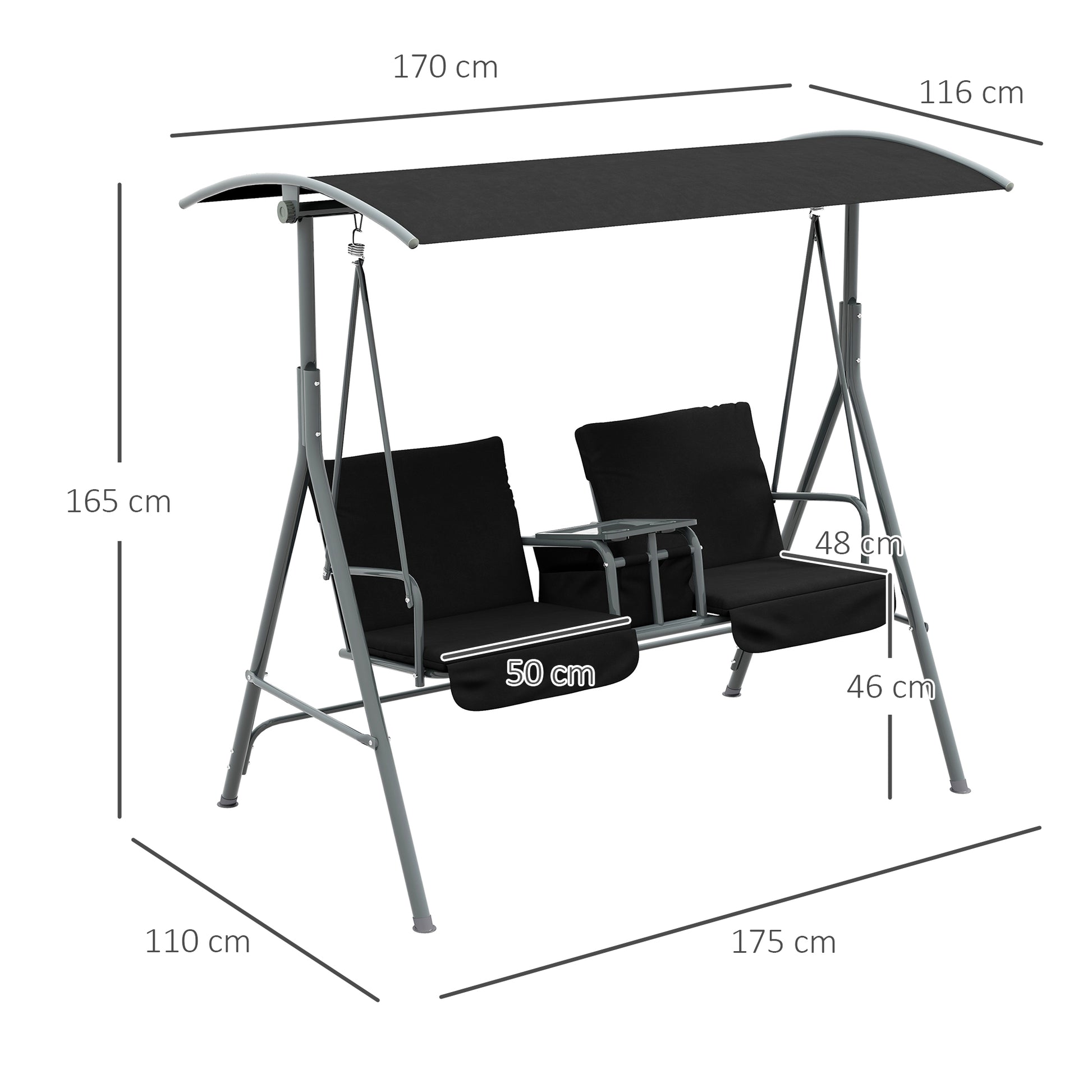 Outsunny 2 Seater Garden Swing Chair, Patio Swing Seat w/ Tilting Canopy, Double Padded Seats, Storage Bag and Tray For Garden Balcony Terrace Patio, Black