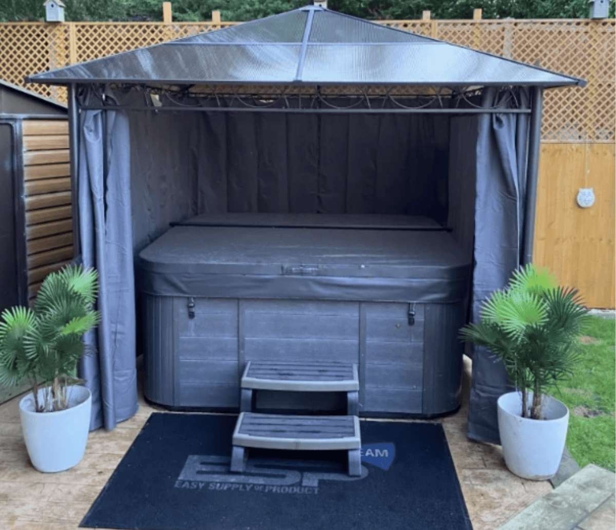 3m x 3m Grey Hardtop Gazebo with Polycarbonate Roof – UV Resistant Garden Pavilion with Curtains