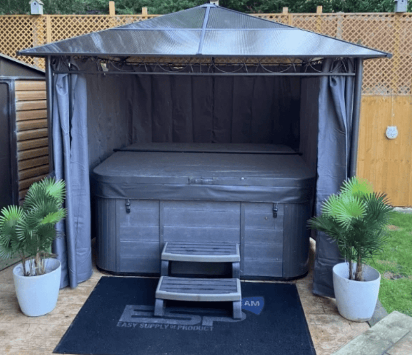 3m x 3m Grey Hardtop Gazebo with Polycarbonate Roof – UV Resistant Garden Pavilion with Curtains