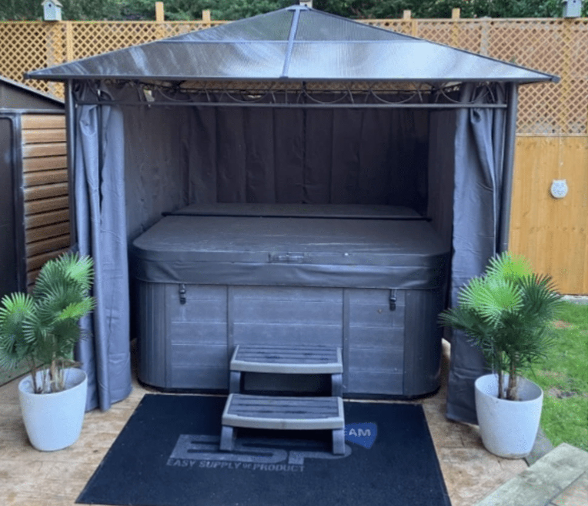 3m x 3m Grey Hardtop Gazebo with Polycarbonate Roof – UV Resistant Garden Pavilion with Curtains
