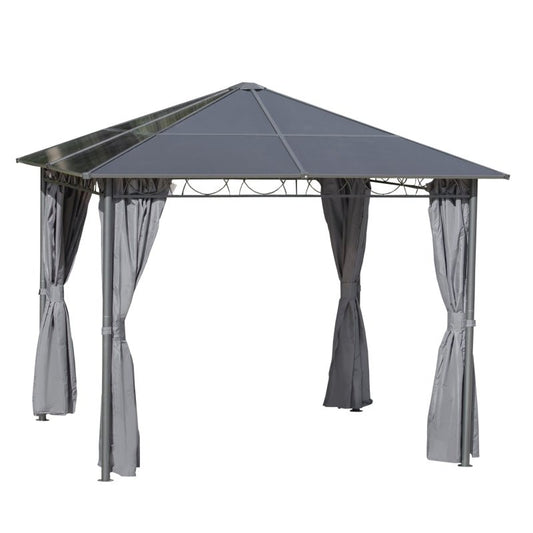 3m x 3m Grey Hardtop Gazebo with Polycarbonate Roof – UV Resistant Garden Pavilion with Curtains