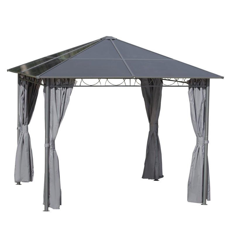 3m x 3m Grey Hardtop Gazebo with Polycarbonate Roof – UV Resistant Garden Pavilion with Curtains