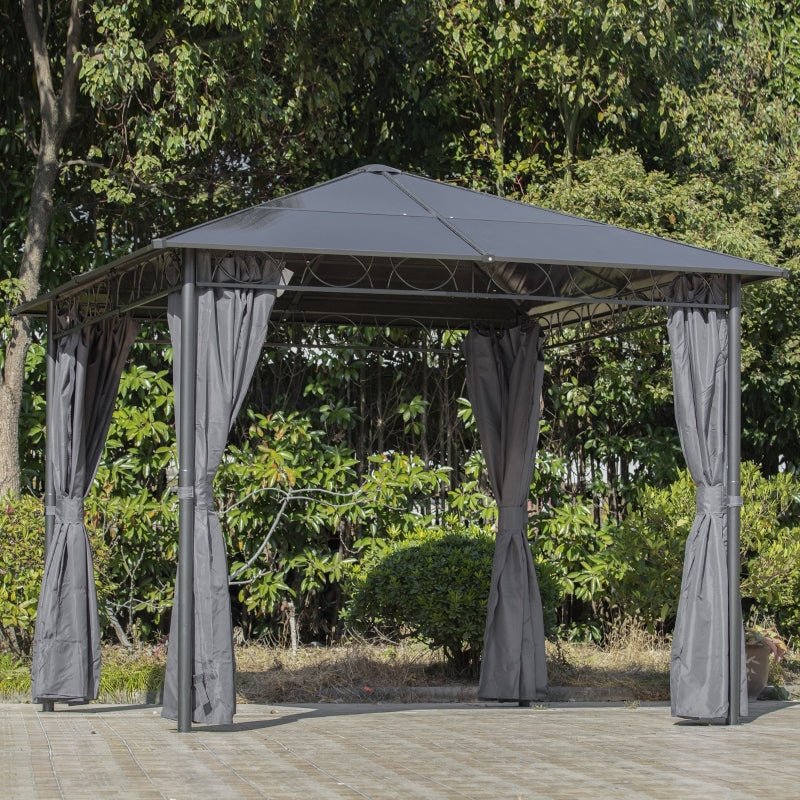 3m x 3m Grey Hardtop Gazebo with Polycarbonate Roof – UV Resistant Garden Pavilion with Curtains