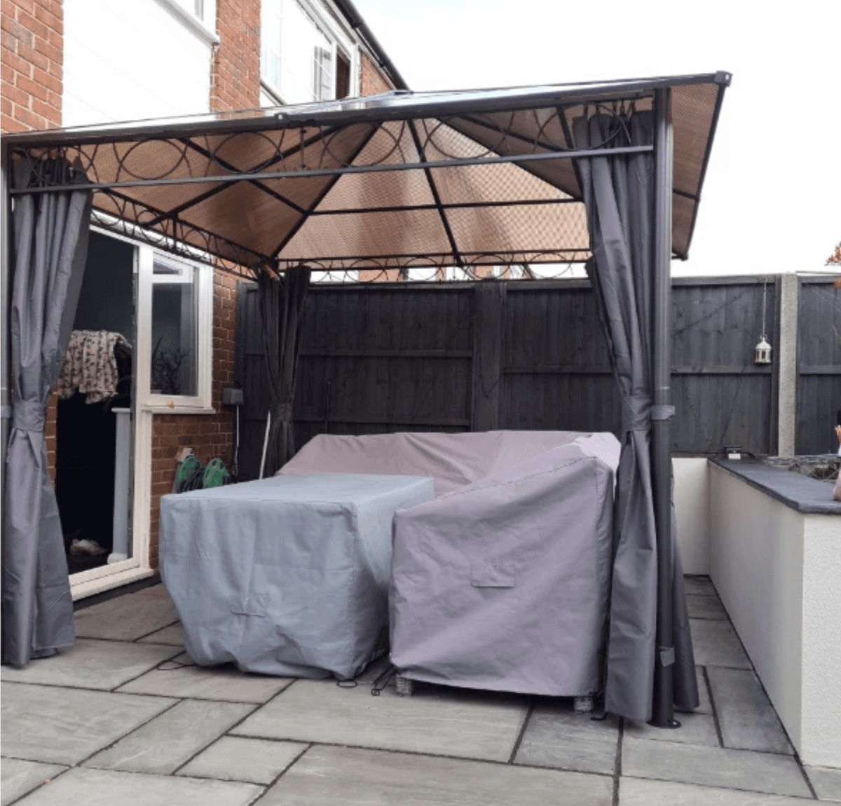 3m x 3m Grey Hardtop Gazebo with Polycarbonate Roof – UV Resistant Garden Pavilion with Curtains