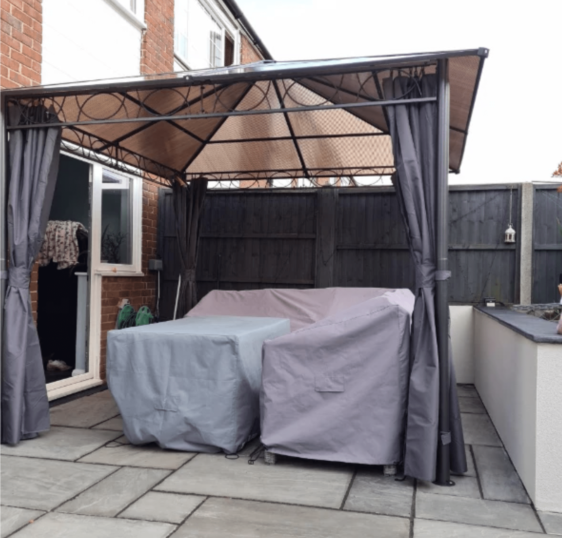 3m x 3m Grey Hardtop Gazebo with Polycarbonate Roof – UV Resistant Garden Pavilion with Curtains