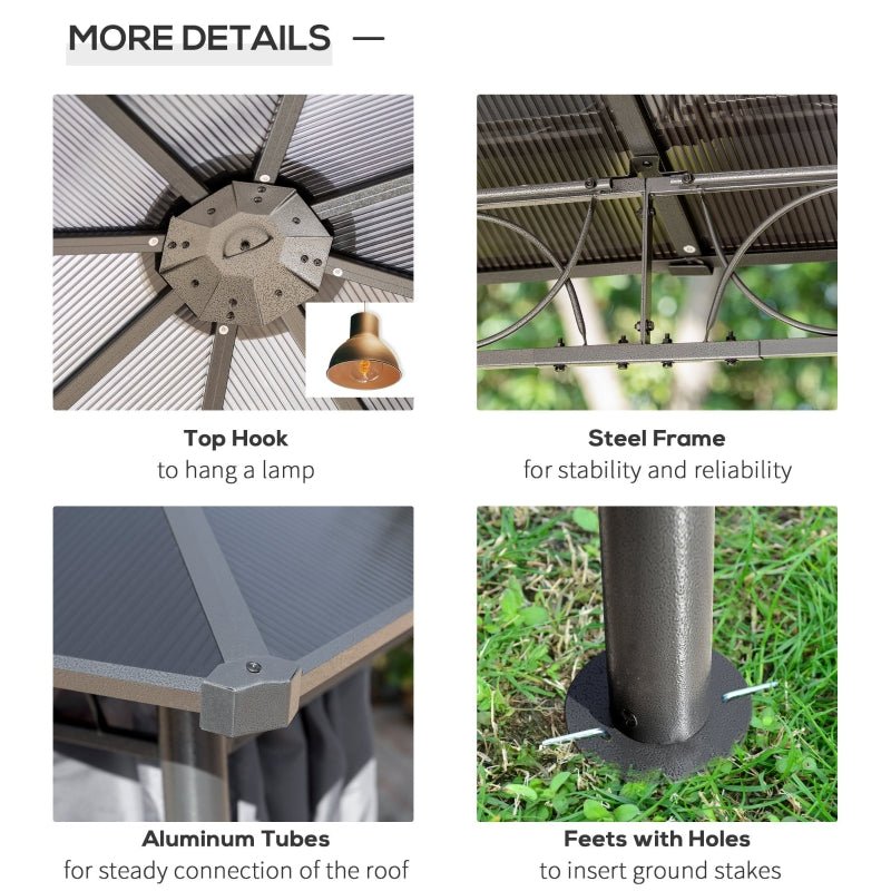 3m x 3m Grey Hardtop Gazebo with Polycarbonate Roof – UV Resistant Garden Pavilion with Curtains