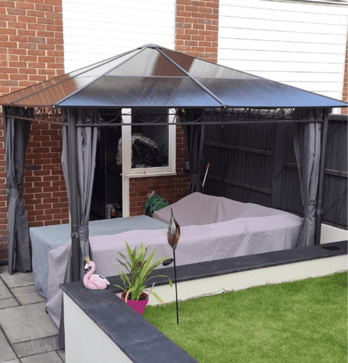 3m x 3m Grey Hardtop Gazebo with Polycarbonate Roof – UV Resistant Garden Pavilion with Curtains