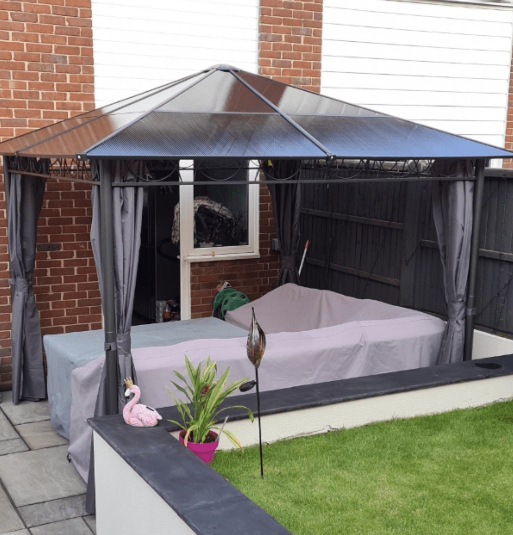 3m x 3m Grey Hardtop Gazebo with Polycarbonate Roof – UV Resistant Garden Pavilion with Curtains