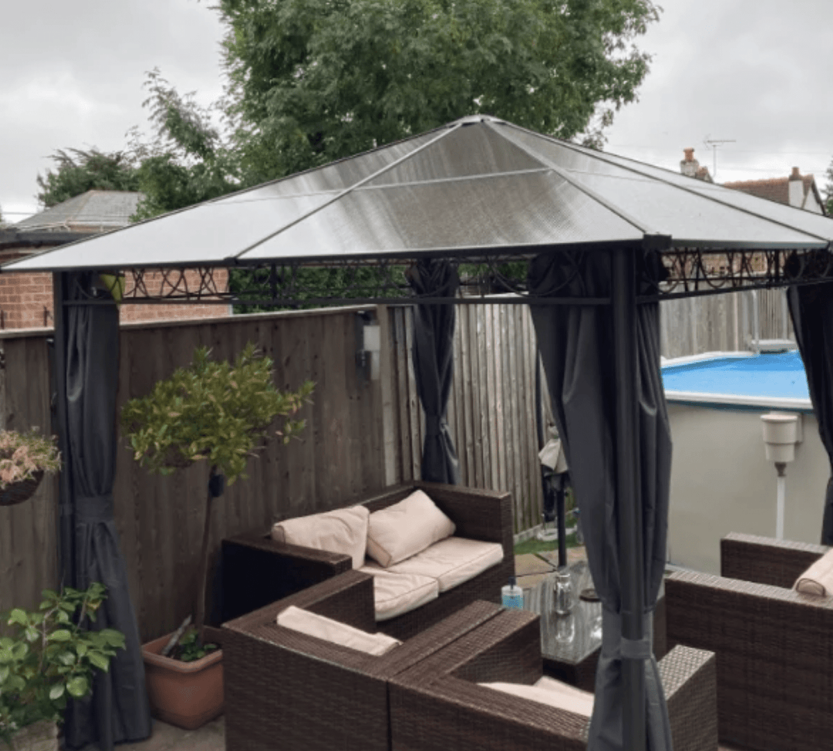 3m x 3m Grey Hardtop Gazebo with Polycarbonate Roof – UV Resistant Garden Pavilion with Curtains