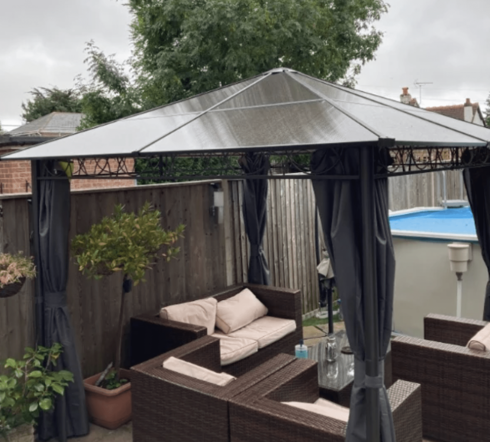 3m x 3m Grey Hardtop Gazebo with Polycarbonate Roof – UV Resistant Garden Pavilion with Curtains