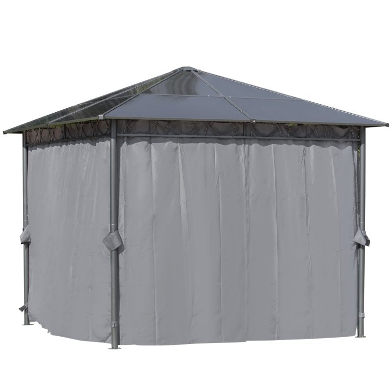 3m x 3m Grey Hardtop Gazebo with Polycarbonate Roof – UV Resistant Garden Pavilion with Curtains