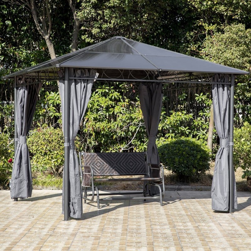 3m x 3m Grey Hardtop Gazebo with Polycarbonate Roof – UV Resistant Garden Pavilion with Curtains