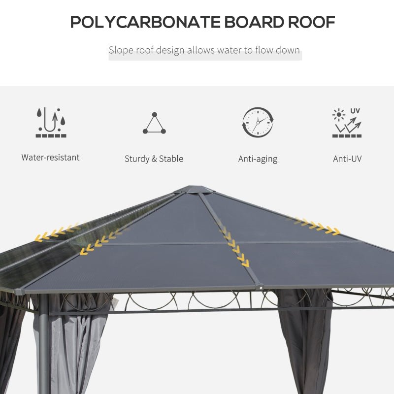 3m x 3m Grey Hardtop Gazebo with Polycarbonate Roof – UV Resistant Garden Pavilion with Curtains