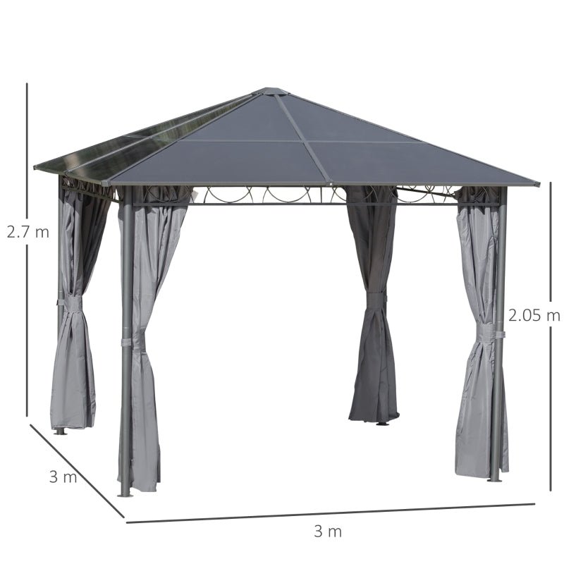 3m x 3m Grey Hardtop Gazebo with Polycarbonate Roof – UV Resistant Garden Pavilion with Curtains