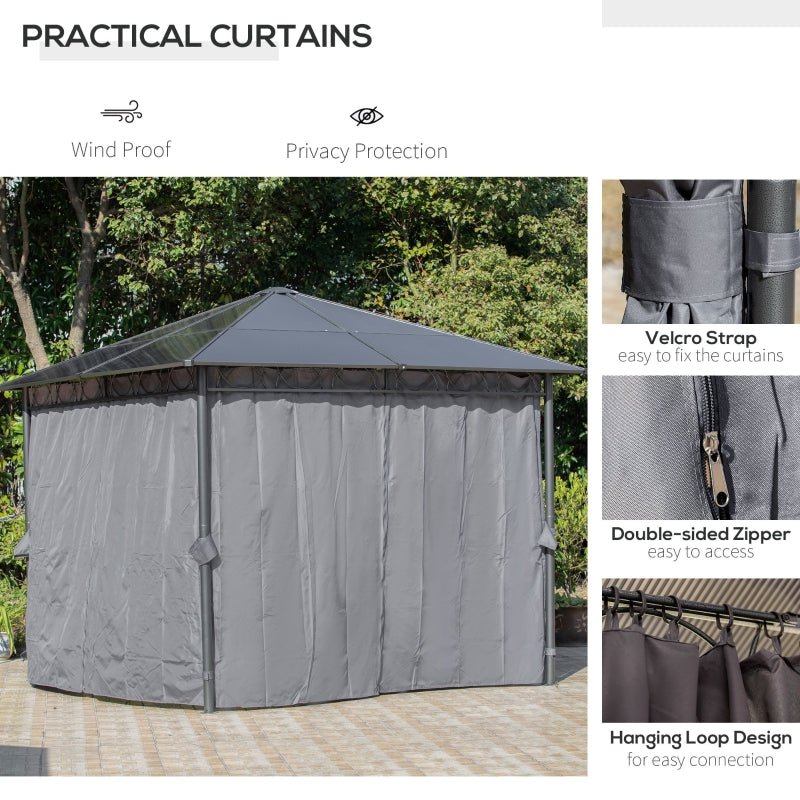 3m x 3m Grey Hardtop Gazebo with Polycarbonate Roof – UV Resistant Garden Pavilion with Curtains