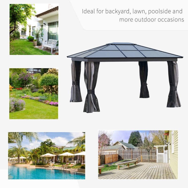 3.6m x 4.2m Aluminium Hardtop Gazebo with Polycarbonate Roof – Permanent Garden Pavilion with Curtains & Netting