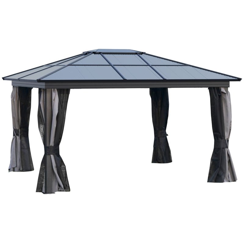 3.6m x 4.2m Aluminium Hardtop Gazebo with Polycarbonate Roof – Permanent Garden Pavilion with Curtains & Netting