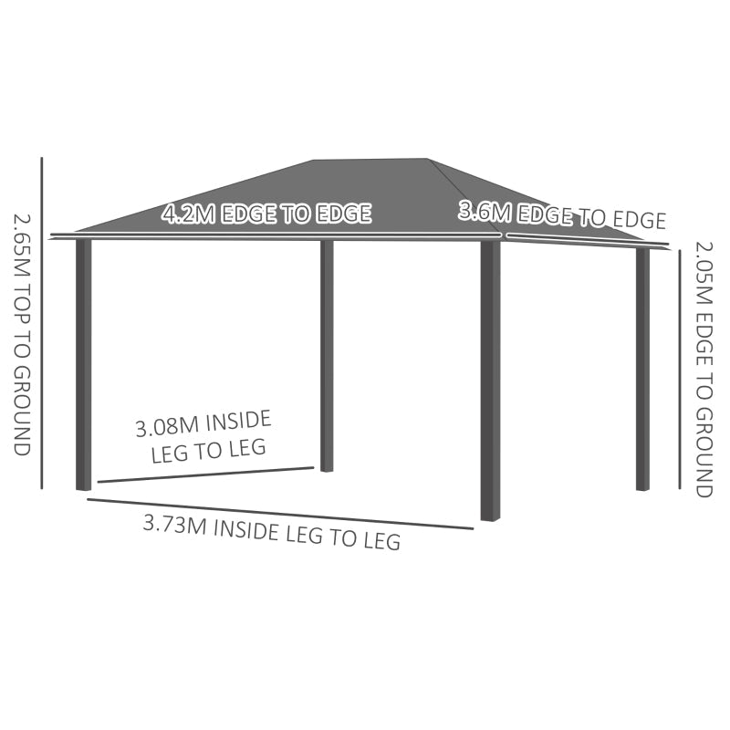 3.6m x 4.2m Aluminium Hardtop Gazebo with Polycarbonate Roof – Permanent Garden Pavilion with Curtains & Netting
