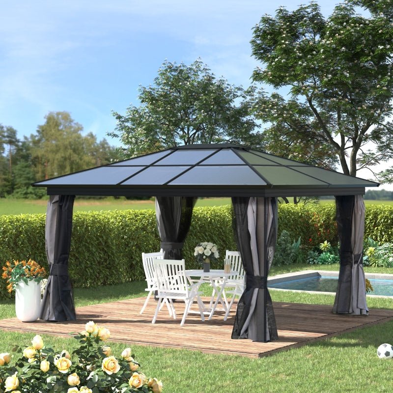 3.6m x 4.2m Aluminium Hardtop Gazebo with Polycarbonate Roof – Permanent Garden Pavilion with Curtains & Netting