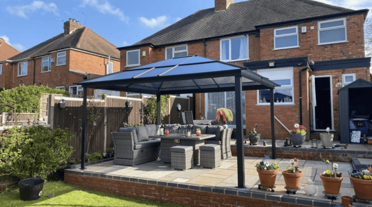 3.6m x 4.2m Aluminium Hardtop Gazebo with Polycarbonate Roof – Permanent Garden Pavilion with Curtains & Netting