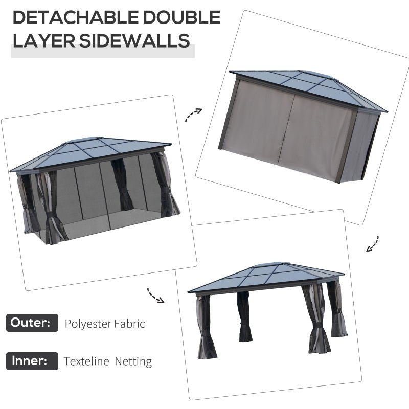 3.6m x 4.2m Aluminium Hardtop Gazebo with Polycarbonate Roof – Permanent Garden Pavilion with Curtains & Netting