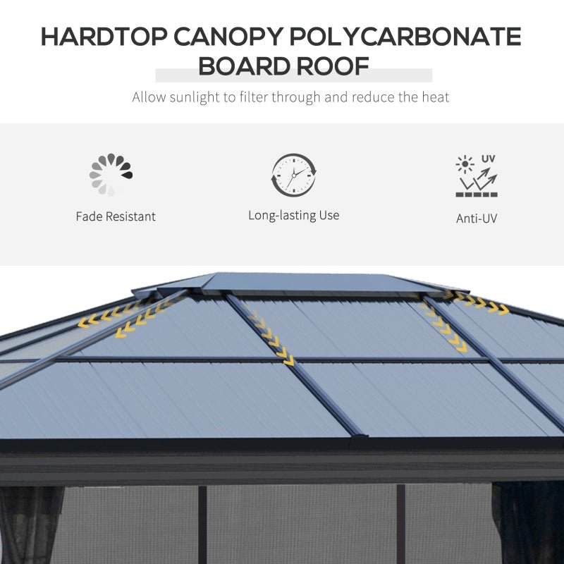 3.6m x 4.2m Aluminium Hardtop Gazebo with Polycarbonate Roof – Permanent Garden Pavilion with Curtains & Netting