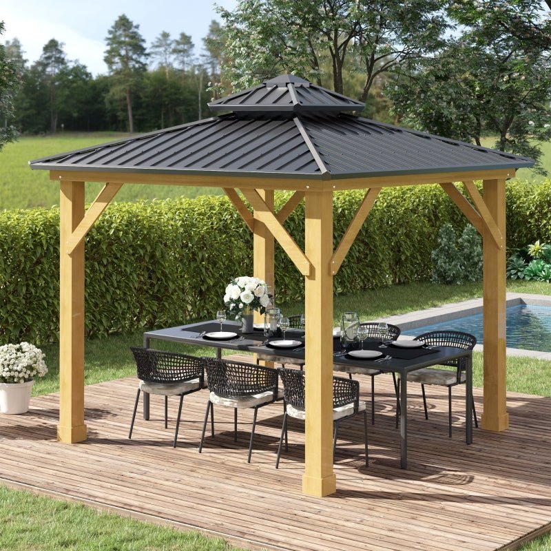 3m x 3m Timber Hardtop Gazebo with Galvanised Steel Roof - Wooden Garden Pavilion with Double Tier Roof